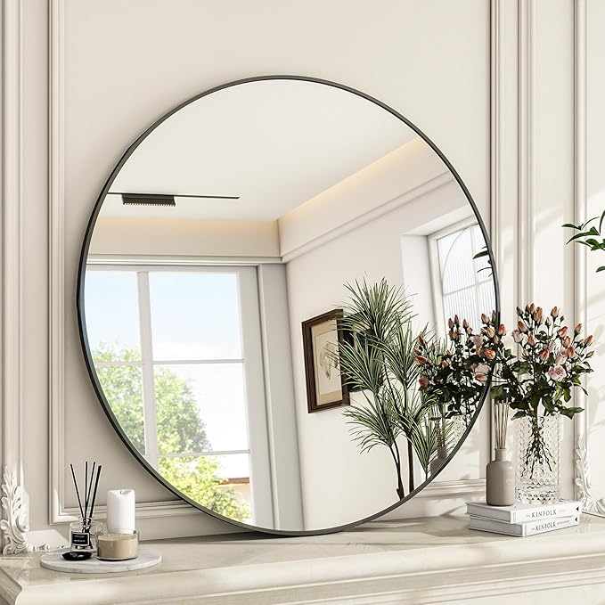Round Mirror Wall Mounted Mirror - 24" Circle Mirror Bathroom Vanity Mirror with Aluminum Frame for Bedroom Living Room, Entryway Decor Black Mirror