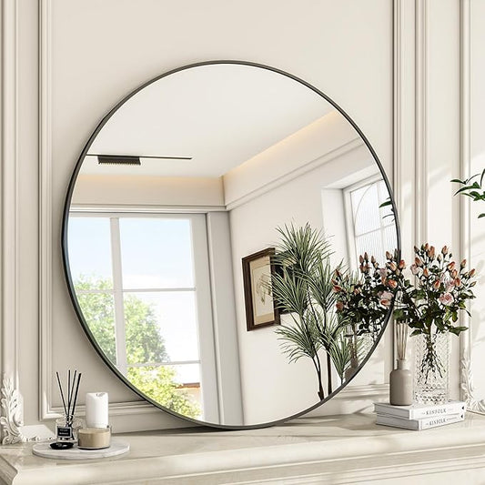 Round Mirror Wall Mounted Mirror - 24" Circle Mirror Bathroom Vanity Mirror with Aluminum Frame for Bedroom Living Room, Entryway Decor Black Mirror