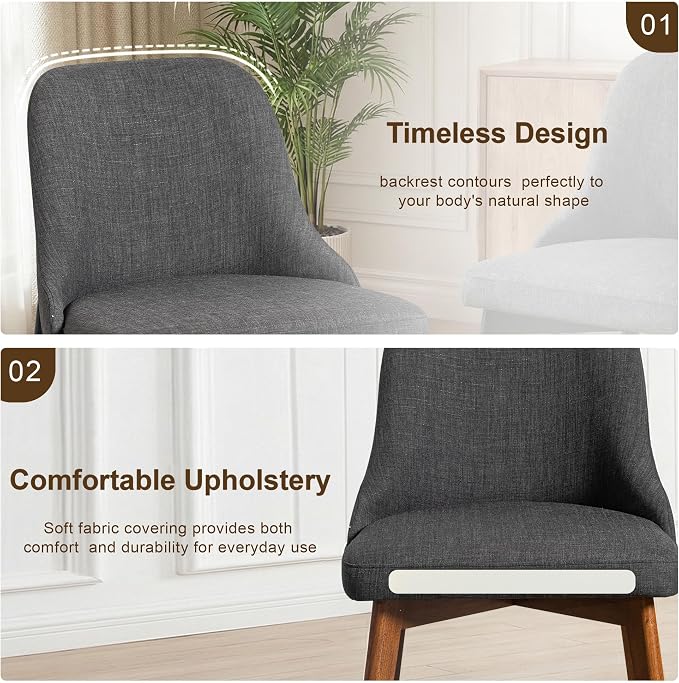 Casaphoria Set of 2 Upholstered Dining Chairs, Dark Grey Fabric Kitchen Chairs with Walnut Wood Legs, Modern Accent Chairs for Dining Room, Living Room or Kitchen