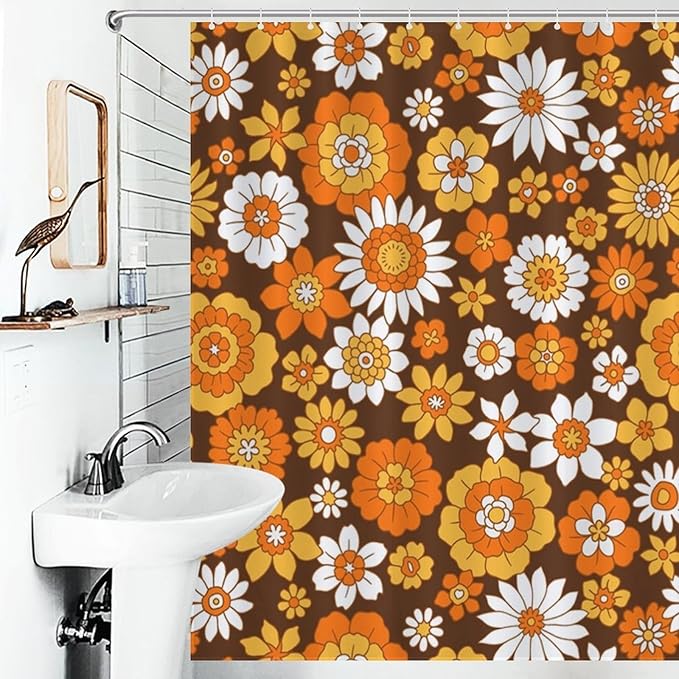 Groovy Floral Shower Curtain for Bathroom,Rustic Hippie Orange 70s Daisy Floral Flower Cute Boho Funky Trippy Vintage Waterproof Fabric Shower Curtain Set with Hooks, 72"x78"