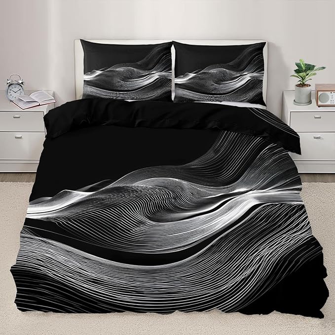 Black White Duvet Cover Oversized King, Psychedelic White Wavy Stripes Bedding Set 3 Piece, Modern Abstract Geometric Line Patterned Comforter Cover with Zipper Soft Microfiber, 2 Pillowcases