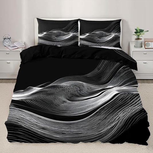 Black White Duvet Cover Queen Size, Psychedelic White Wavy Stripes Bedding Set 3 Piece, Modern Abstract Geometric Line Patterned Comforter Cover with Zipper Soft Microfiber, 2 Pillowcases