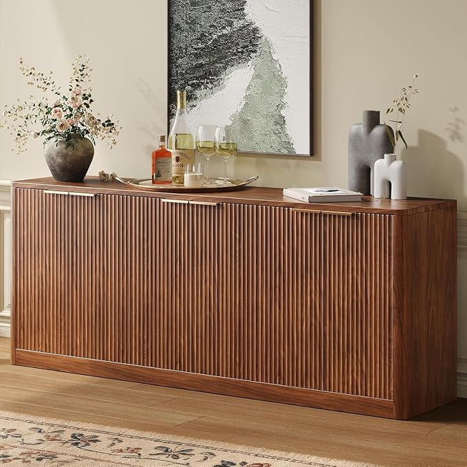 Evermagin 67" Fluted Walnut Buffet Cabinet Sideboard with Storage, Large Credenza with 6 Doors, Wood Mid Century Modern Sideboard for Kitchen and Living Room (67" W*31.5" H*15.7" D)