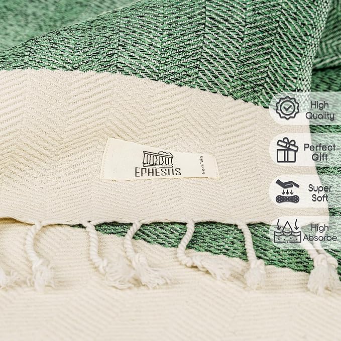 Hand Towels - Set of 2 | 18" x 30" - Decorative Turkish Hand Towel for Bathroom, Kitchen, Guest, Face, Hair, Tea, Dishcloth (Herringbone, Apple Green)