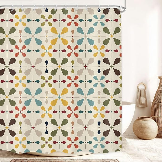 Boho Mid Century Shower Curtain Bathroom Set 60Wx71H Inches Modern Vintage Abstract Bohemian Colourful Geometric Retro Chic Bath Accessories for Girly Women Art Home Decor Fabric 12 Pack Hooks