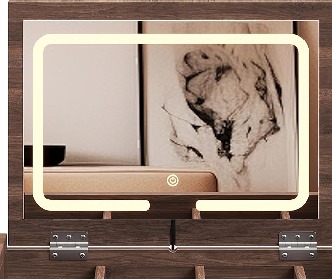 39" Wooden Makeup Vanity Set with 3 Rattan Drawer and Stool, Retro Walnut Dressing Table with Mirror and LED Lights, Vintage Bohemian Fluted Vanity for Bedroom Living Room