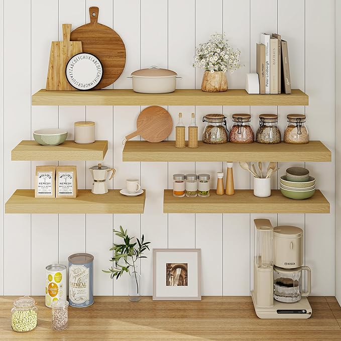 Fun Memories 16 Inch Floating Shelves for Wall, 9.3Inch Deep Floating Shelf, Extra Deeper & Thicker Wall Mounted Storage Shelf for Kitchen, Farmhouse, Oak, 2 Pack