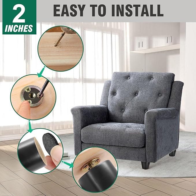 FoDau770 Black Rubber Wood Furniture Legs 2 Inches, Straight Tapered Wood Feet Mid Century Sofa Legs Set of 4, 5/16" UNC Furniture Feet for Cabinet Couch Dresser Chair Ottoman Table