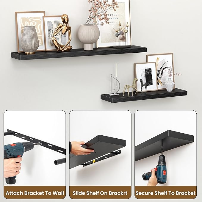 Heimlove Floating Shelves for Wall 32 Inch,Mounted Storage Wood Shelves with Invisible Brackets Hanging Shelf for Bedroom Living Room Kitchen Office,Set of 2,Black