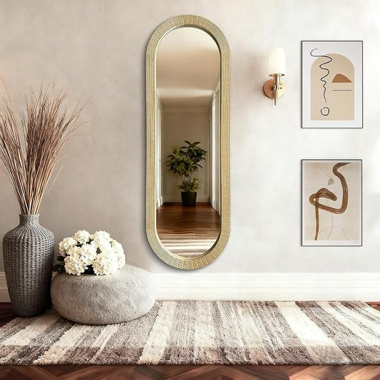WAMIRRO Gold Oblong Wood Mirror, 47X16 Inch Hand Carved Solid Wood Capsule Frame Oval Mirror for Wall Mount, Farmhouse Boho Decor for Living Room, Bathroom, Bedroom, Hallway & Entryway