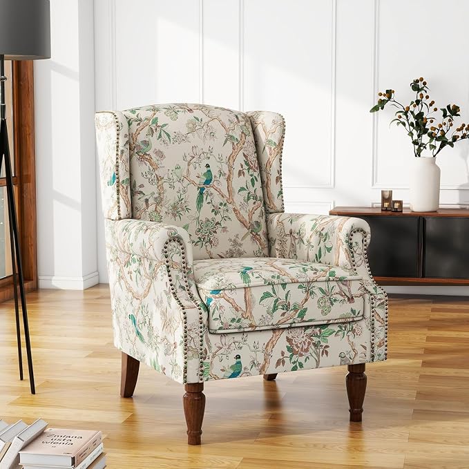 High Back Accent Chair, Fabric Upholstered Armchair for Living Room, Floral Wingback Chair with Retro Solid Wood Legs, Nailhead Trim Single Sofa Bedroom Reading Seat - Bird