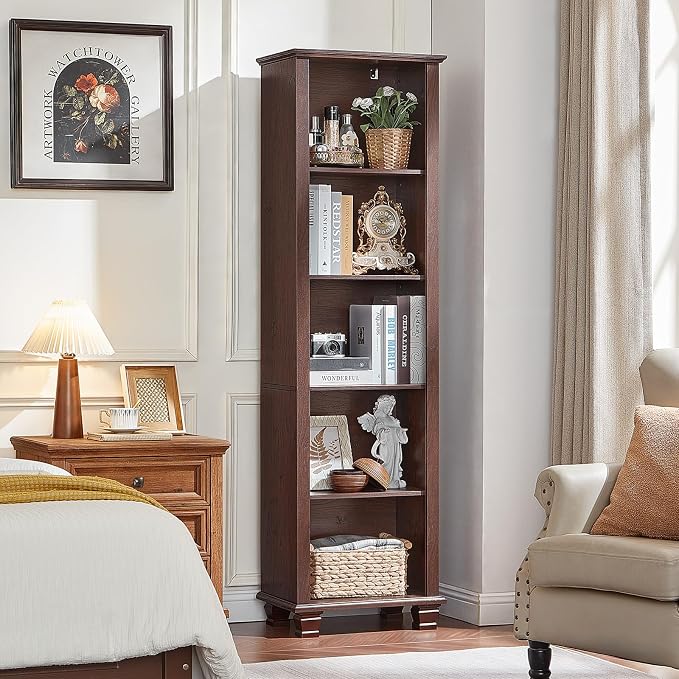 SAVOR LIFE 70" Tall Walnut Book Shelf, Wood Skinny Bookshelf with Adjustable Shelves & Wooden Legs, Farmhouse Bookcase w/5-Tier Storage, Free Standing Bookshlves for Office, Living Room, Brown, 2PCS