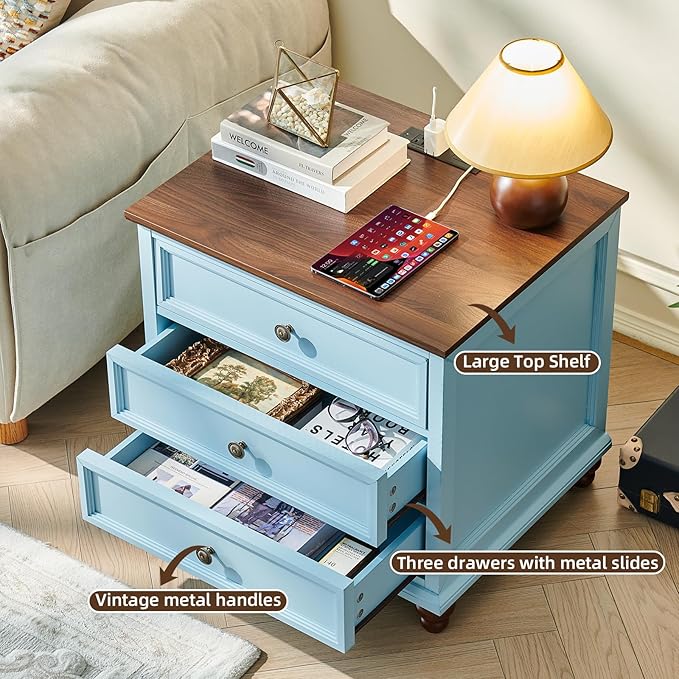 Farmhouse Nightstand Set of 2 with Charging Station, 24" Wide End Table with 3 Drawers,Dresser for Bedroom,Bed Side Table Chest of Drawers Cabinet,Wood Light Blue Night Stand for Living Room