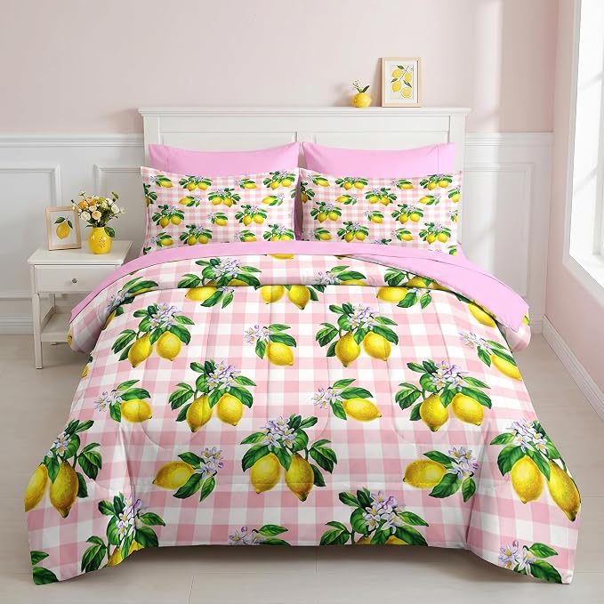Nesker 7 Pcs Comforter Set King Size, Stripe Lemons Fruit Bedding Set for Kids and Adults, Summer Palm Pink White Plaid Bed Sheet Sets with Fitted Sheet 2 Pillowcases & 2 Shams