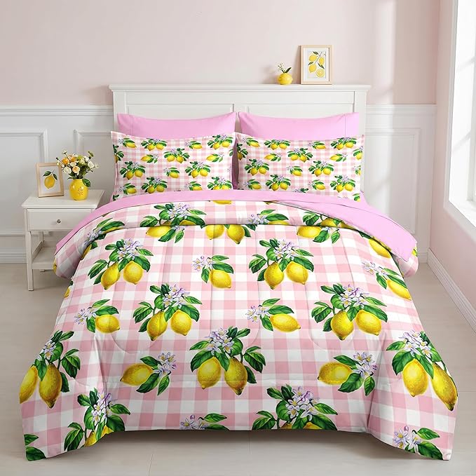 Nesker 7 Pcs Comforter Set Full Size, Stripe Lemons Fruit Bedding Set for Kids and Adults, Summer Palm Pink White Plaid Bed Sheet Sets with Fitted Sheet 2 Pillowcases & 2 Shams