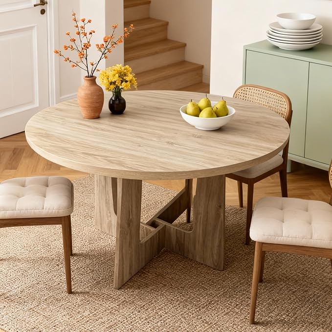 Round Dining Table for 4, 43.3" Kitchen Table for Dining Room, Circle Farmhouse Kitchen Table, Wood Dinner Table for Kitchen, Living Room, Apartment, Natural