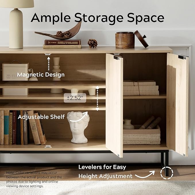 Fluted Storage Cabinet with 3 Doors, Sideboard Buffet Cabinets Adjustable Shelves, Credenza Console Table Cabinets for Living Room, Light Oak