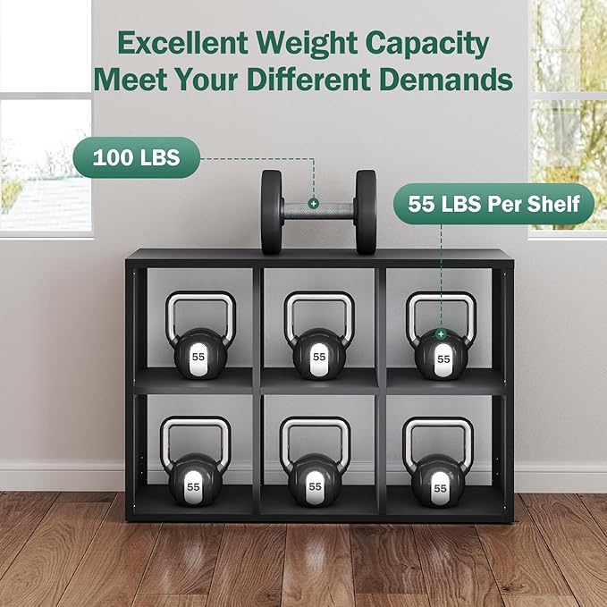 IRONMIX Metal 6 Cube Storage Organizer, Short Black Bookshelf with Storage, Small Horizontal Bookshelf, 2 Tier Open Bookcase Cube Shelf, Freestanding TV Stand for Home Office Library (Black, 1037)
