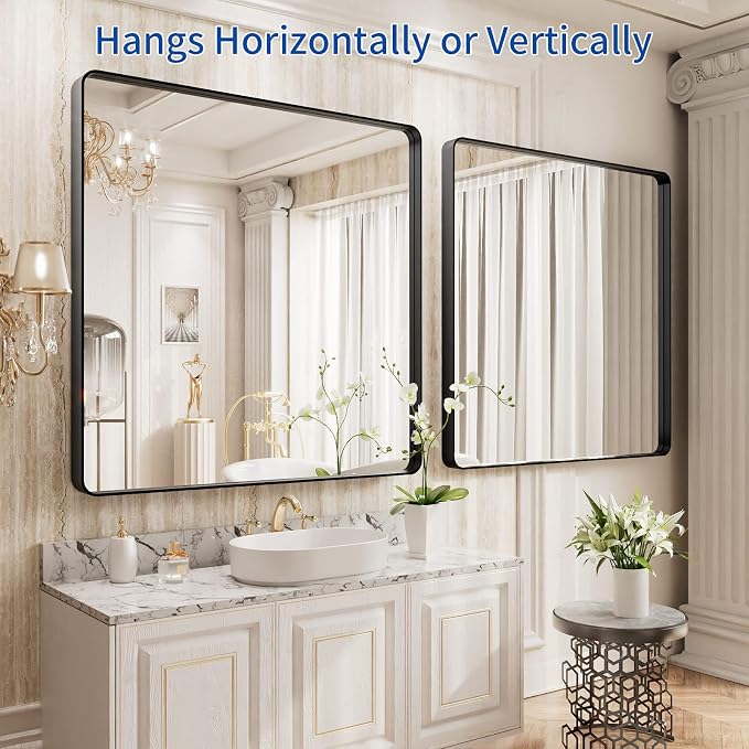 WEER 36X36 Inch Black Metal Framed Bathroom Mirror, Matte Black Bathroom Vanity Mirror, Rectangular Black Wall Mirror for Bathroom, Tempered Glass, Rounded Corner, Hangs Horizontal or Vertical
