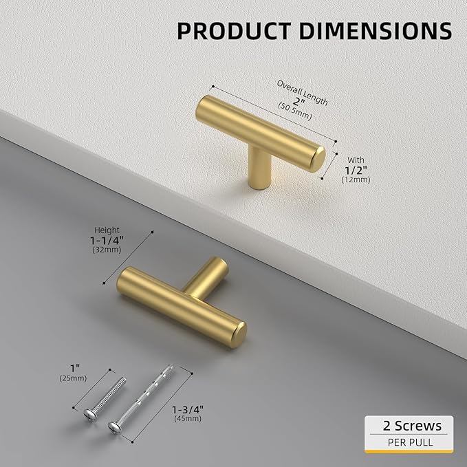 Goldenwarm 5pcs Brushed Brass Single Bar Cabinet Cupboard Drawer Door Handle Pull Knob for Furniture Kitchen Hardware Overall Length 2in