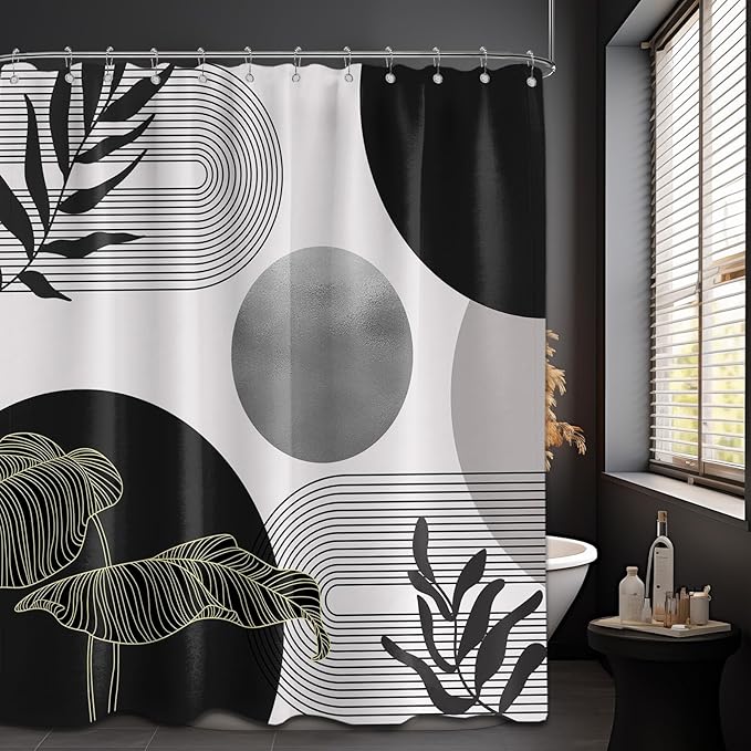 Black and Grey Shower Curtain Black White Gray Mid Century Modern Shower Curtains for Bathroom Decor Boho MCM Mens Cool Bath Curtain Set, Waterproof Fabric with Hooks 60 x 72 Inch