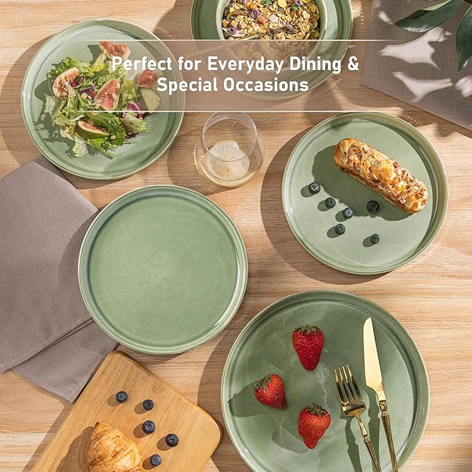 GBHOME 18-Piece Stoneware Dinnerware Set for 6 – Ribbed Ceramic Plates and Bowls, Scratch-Resistant, Microwave & Dishwasher Safe, Reactive Glaze, Light Green