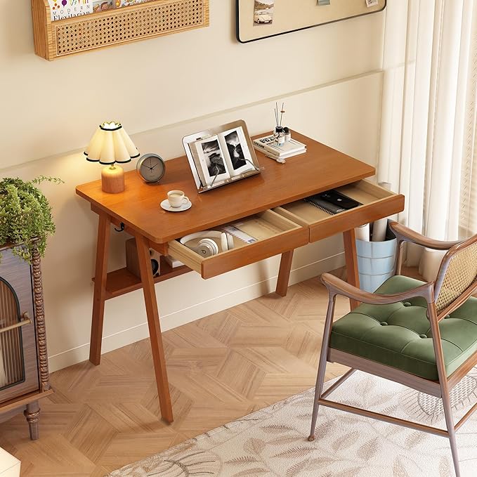 Solid Wood Desk with Drawers - 39.4 Inch Mid Century Modern Desks with Storage Shelf, Small Writing Desk for Small Spaces, Home Office Desks for Bedroom & Home, Walnut Color