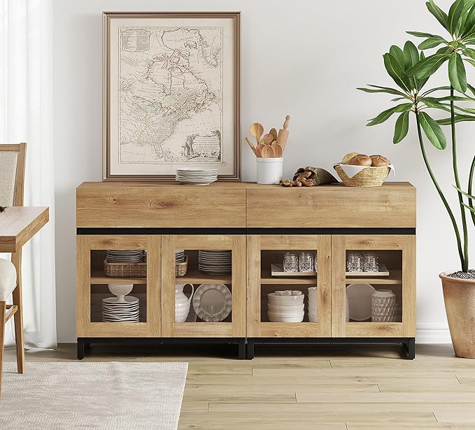 WAMPAT 63'' Multifunctional Sideboard Buffet Cabinets with 4 Glass Doors and and 2 Drawers, Modern Sideboard Credenza, Coffee Bar Storage Cabinet for Living Room, Kitchen, Oak