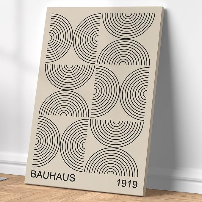 Bauhaus Canvas Wall Art Boho Minimalist Posters Black and Beige Artwork Abstract Neutral Prints Geometric Gallery Wall Art Bauhaus Exhibition Poster Mid Century Modern Painting 16x24inch Wood Framed