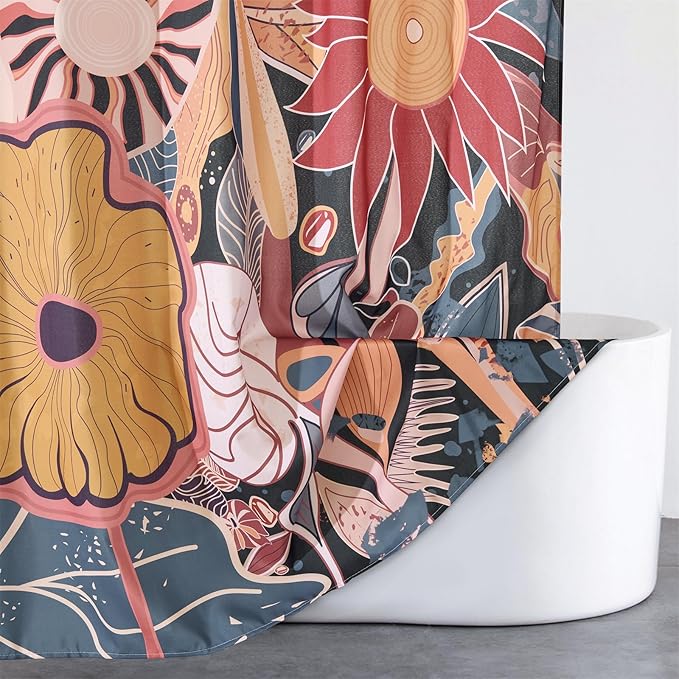 Vintage Floral Fabric Shower Curtain Set Boho Botanical Bathroom Decorations, 160GSM Heavy Duty Mid Century Modern Art Abstract Hippie Flowers Cute Bathroom Shower Curtain Set with Hooks