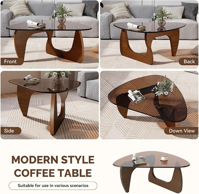 Modern Glass Coffee Table, Triangle Center Table with Tempered Glass Top& Unique Wooden Base, 42.5” Mid Century Tea Tables for Living Room, Apartment, Office,Walnut & Brown