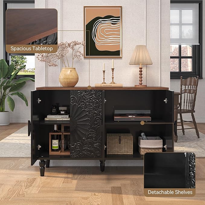 Sideboard Buffet Cabinet with Storage, Accent Cabinet with 4 Vintage Carved Flower Pattern Doors, Decorative Wood Credenza for Living Room, Hallway, Dining Room, Kitchen, Black