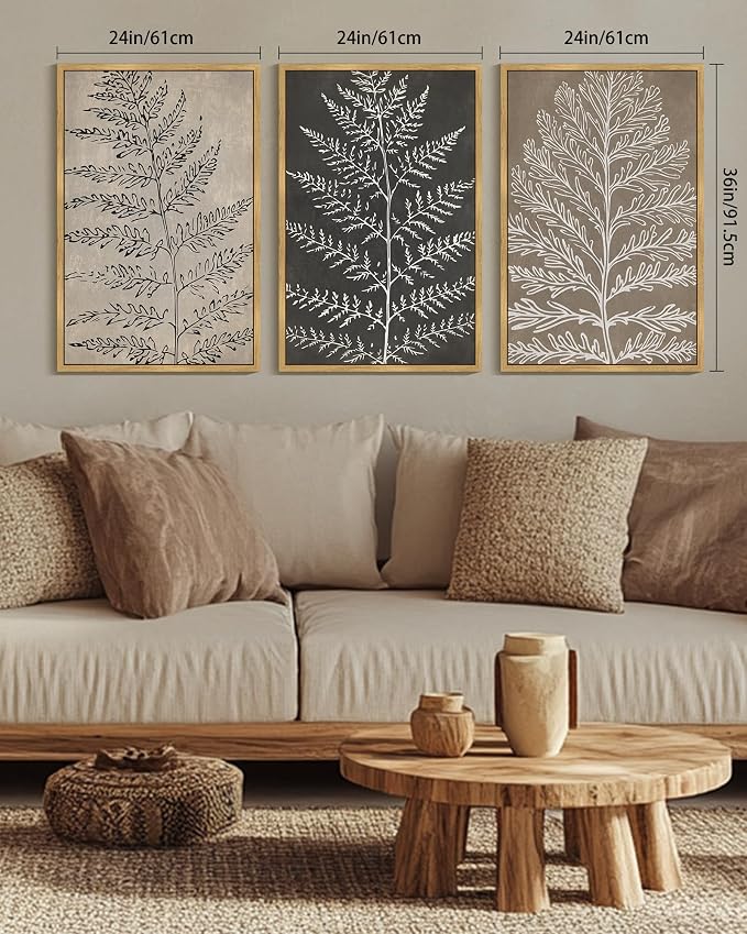 KUVIOKE Vintage Botanical Framed Wall Art Bohemian Black Tan Plant Leaf Wall Decor Nature Fern Plant Silhouette Wall Painting for Living Room Bedroom 24x36in (Natural Framed)