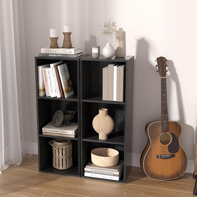 Wooden 3 Cube Storage Organizer, 3 Tier Storage Cubes Storage Display Cubby,Freestanding DIY Closet Shelving Unit for Living Room Bedroom Office(Black, 3 Cube-W(11.8inch)