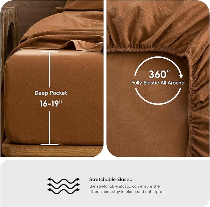 MooMee Bedding Sheet Set 100% Washed Cotton Linen Like Textured Breathable Durable Soft Comfy (Solid Dark Orange, King)