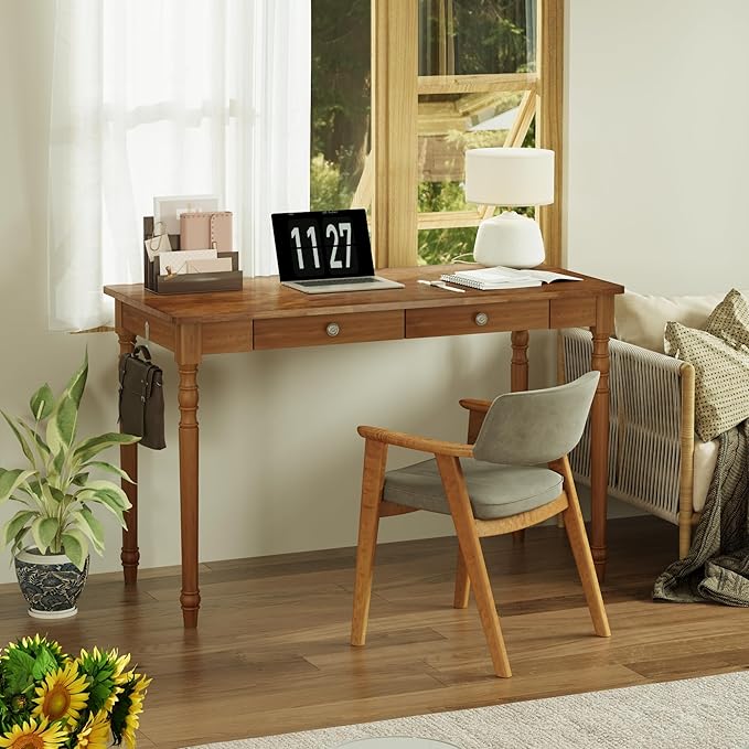 48 Inch Mid Century Modern Desk - Rubber Wood Desk with Drawers, Vintage Desks with 2 Hooks, Mid Century Desks for Bedroom, Living Room & Office, Walnut Color