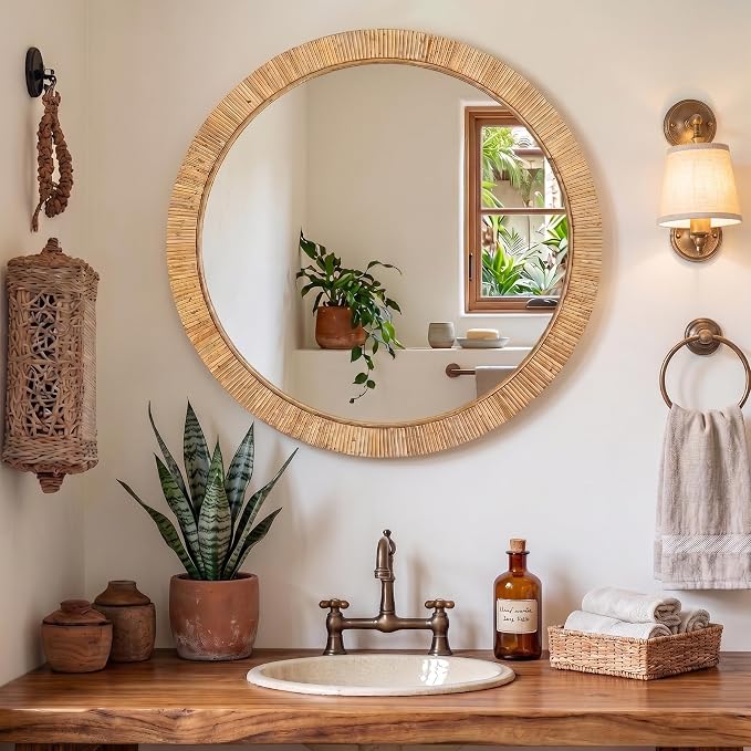 28"x28" inch Large Round Rattan Mirror for Wall, Boho Decorative Wicker Mirror Waterproof Synthetic Rattan Frame, for Bathroom, Bedroom, Living Room, Entryway