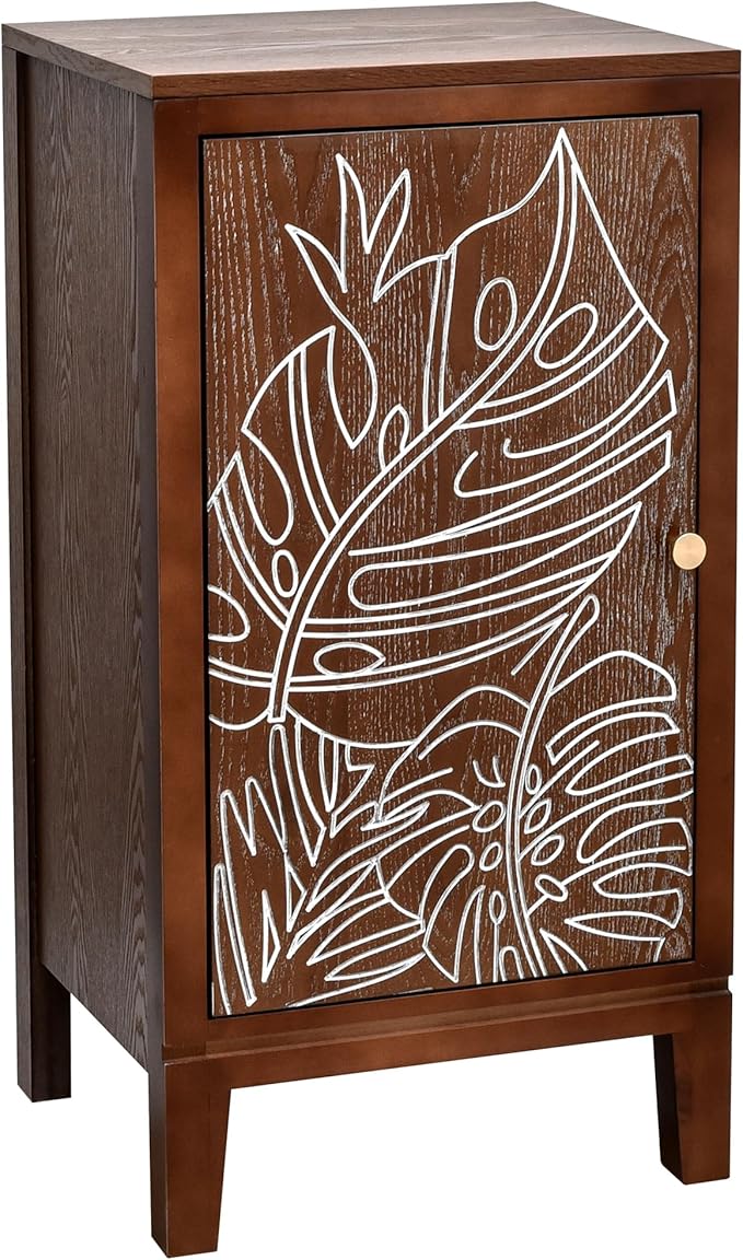 eHemco Tropical Monstera Door Accent End Table, Modern Retro Style, 16.5 x 14 x 31 Inches, Antique Walnut Finish