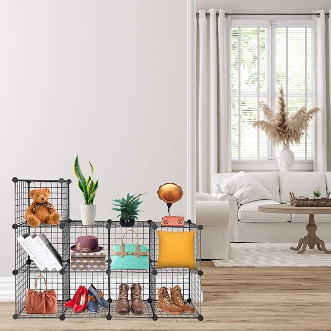 Wire Cube Storage Organizer, Metal Storage Shelves Bookshelf, Stackable Modular Closet Organizer for Bedroom Living Room, Office,Storage Shelves (9 Cubes, Iron)