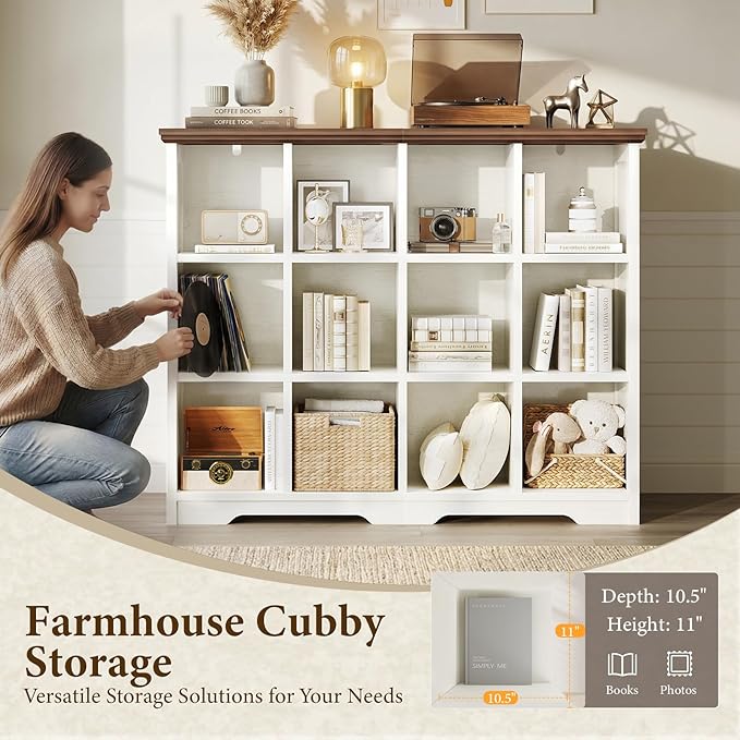 OffiGo 12 Cube Organizer Bookcase, Modern Farmhouse Open Shelf for Storage Bins & Decor, Display Bookshelf Console Closet for Living Room, Bedroom, Home Office, Walnut+White
