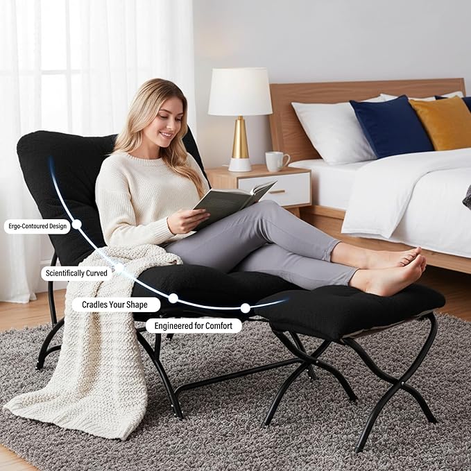 Tiita Accent Lazy Chair with Ottoman, Comfy Lounge Chair with Metal Frame and Plush Fabric, Thick Cushion Seated Cozy Recliner Chair for Reading Room, Living Room, Bedroom, Office, Black