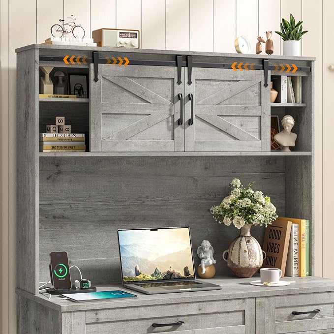 Vabches Farmhouse 67" H Executive Desk with Hutch,Office Table with LED Light and 5 Drawers,Computer Desk with Charging Station,File Drawers and Storage Cabinet,Workstation for Home Office.Grey