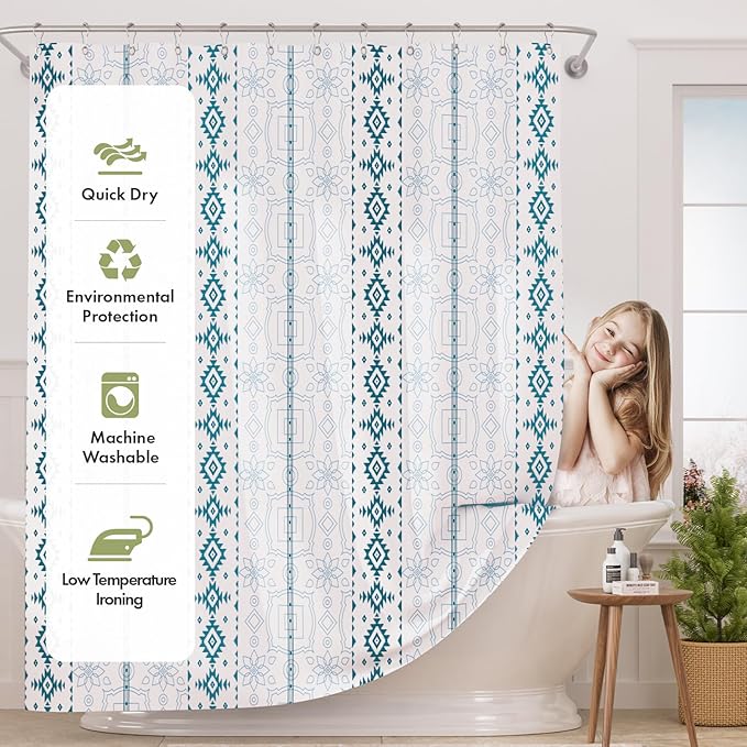 AmazerBath Boho Shower Curtain, 72x72 Washable Cloth Navy and White Shower Curtains for Bathroom, Fabric Rustic Neutral Shower Curtain Set with 12 Hooks, Modern Camper RV Dorm Stall Shower Curtain
