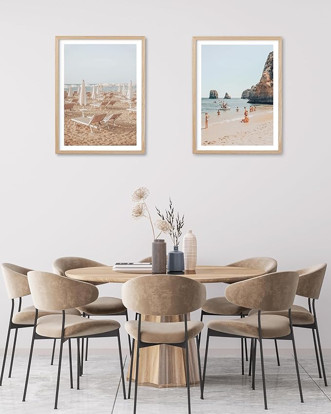 HesenDot Natural OAK Wood Framed Italy Beach Wall Art,12x16in Amalfi Coast Canvas Wall Print,Positano Seascape White Beach Chair Wall Decor for Living Room, Bedroom,Office Gallery Set of 1