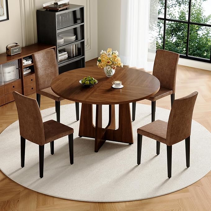 47" Round Dining Table Set for 4, Walnut Wood Grain Table and 4 Brown Suede Upholstered Chairs Set, Mid Century Modern Kitchen Table Set with Cross Legs