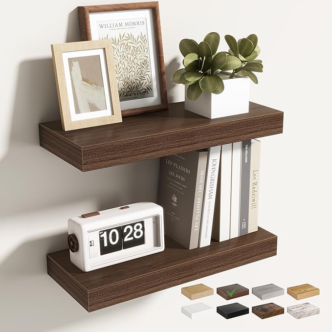 16 Inch Floating Shelves for Wall 2 Pack, 16" Wall Shelves for Books, Storage, Decor, Wall Mounted Floating Shelf with Invisible Brackets for Kitchen, Living Room, Walnut