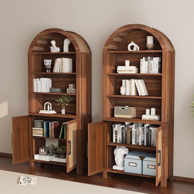 Janmer Home 71" Tall Arched Bookcase with Storage, Modern 6-Tier Cabinet with Door, Arched Bookshelf Cabinet with Open Display Storage Shelf for Living Room (Walnut,)