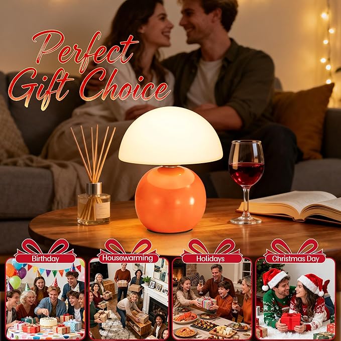 Small Mushroom Lamp,USB-Plug in Bedside Table Lamps with 3-Temperature LED Bulb Dimmable,Unique Cute Aesthetic Home Decor for Living Room,Bedroom, Modern Ceramic Base Glass Lamp(Orange)