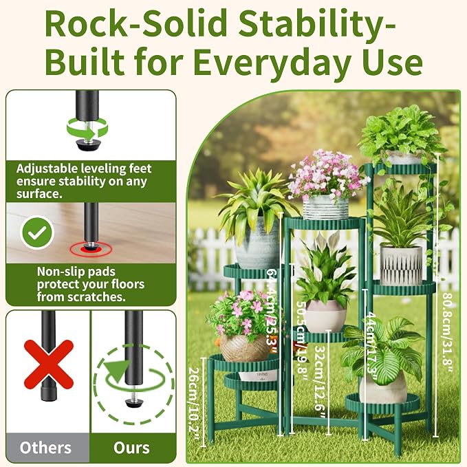 8 Tier Large Plant Stand Indoor, 7.9 Inch Wide Tall Corner Metal Plant Stands Outdoor for Multiple Plants, Foldable Tiered Plant Stand for Living Room Balcony Garden Patio - GreenFloroma