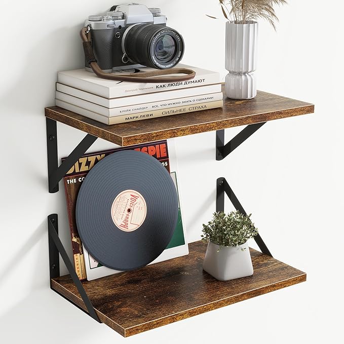 8" Deep Floating Shelves for Wall,16 inch Wood Wall Shelves Set of 2,Wide Floating Bookshelf with Sturdy Metal Brackets,Hanging Storage Floating Shelf for Living Room,Bedroom,Bathroom,Rustic Brown